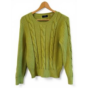 Lime Green Tahari Wmns Cable Knit Soft Petite L (PL) Crew Neck Warm Sweater